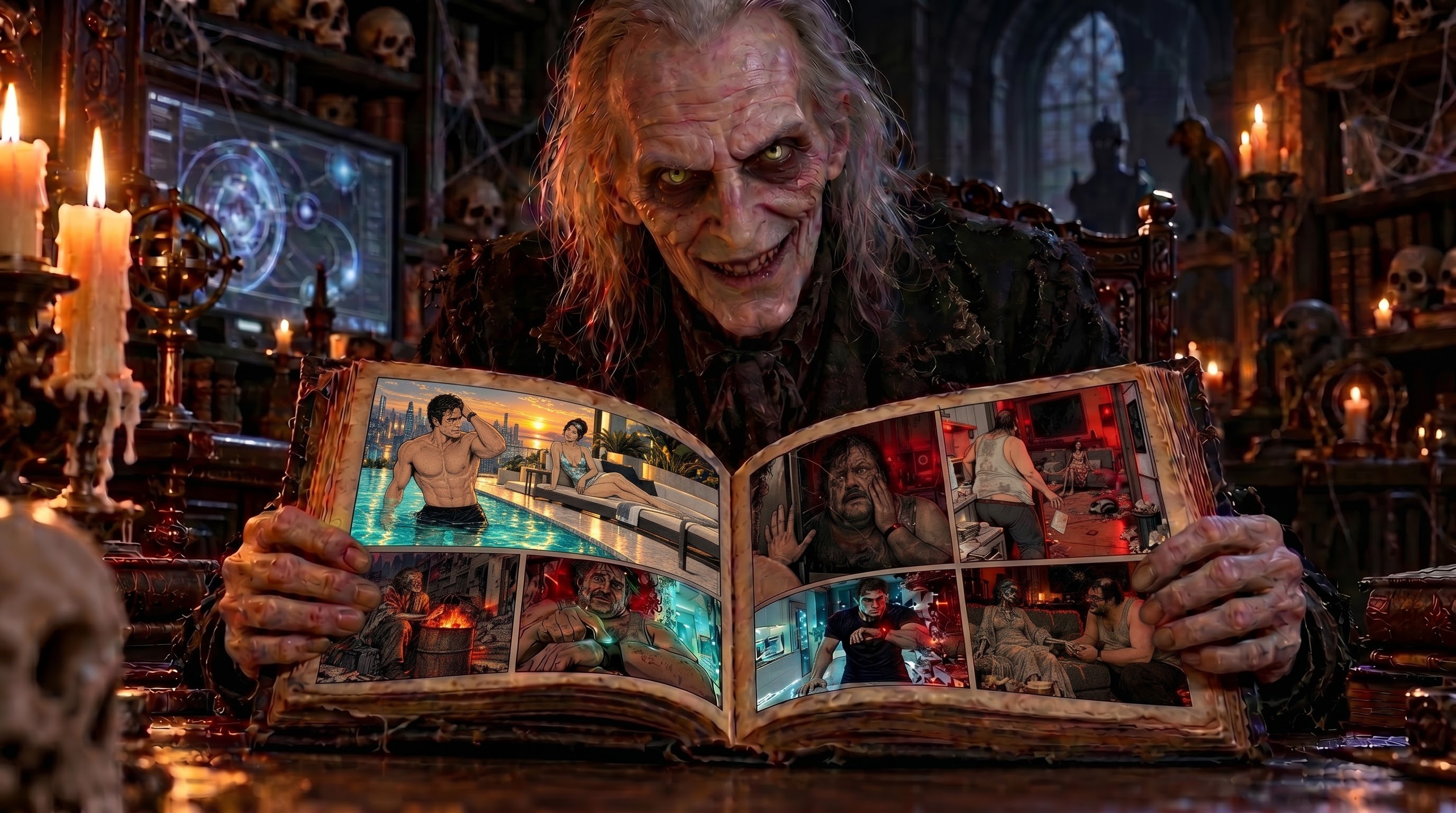 Mortimer Wick in his candlelit library, holding open his illustrated book